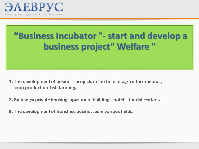 1. The development of business projects in the field of agriculture: animal,  